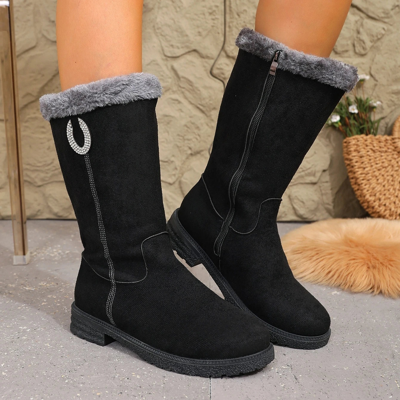 Women Boots Flats Luxury Crystal Fur Shoes Mid Calf Snow Boots 2025 Winter Fashion Warm Sport Shoes Walking Chelsea Bootie Zpaxo black 36