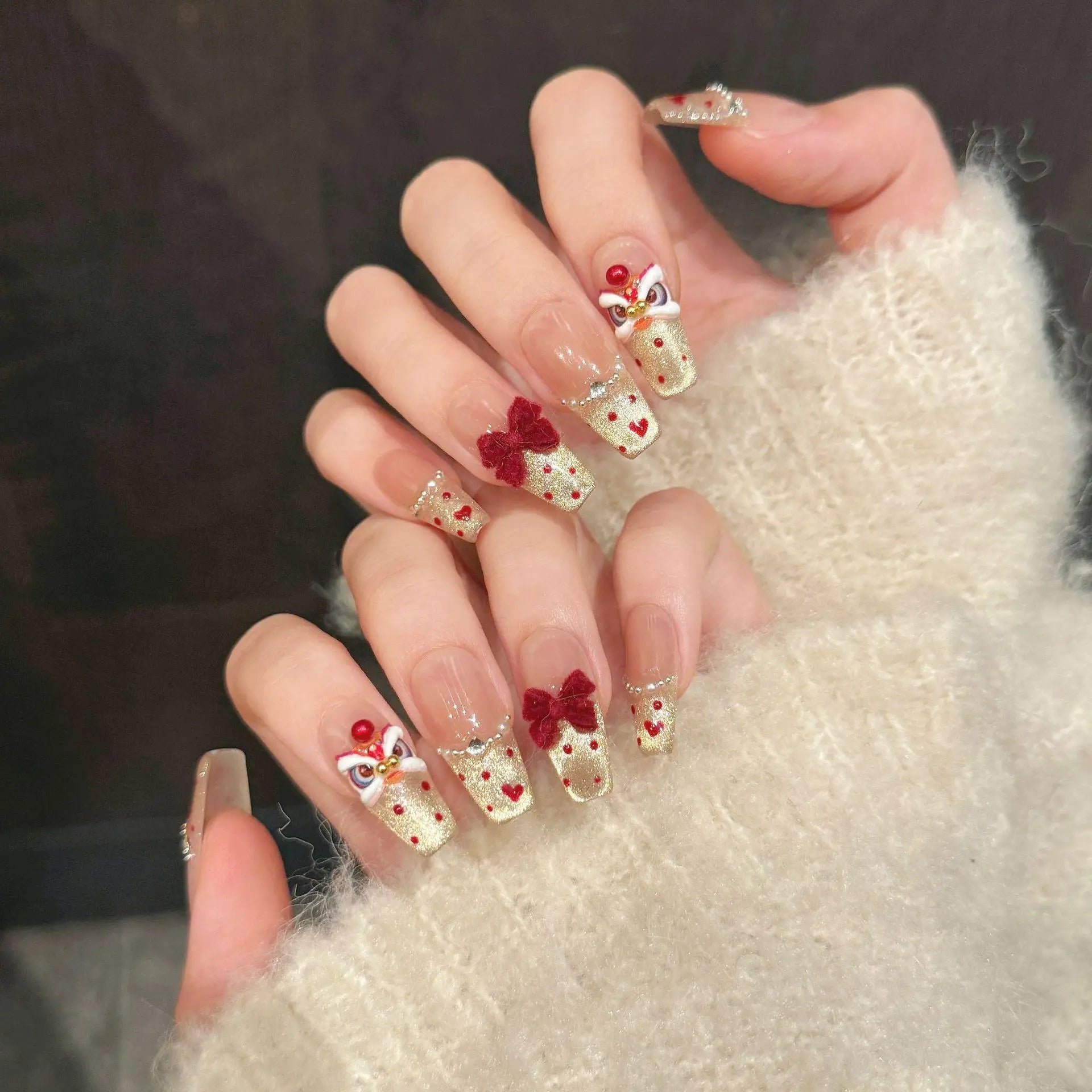 3D Waking Lion Fake Nails Year's Fortune False Nail Tips Girl Press Zpaxo