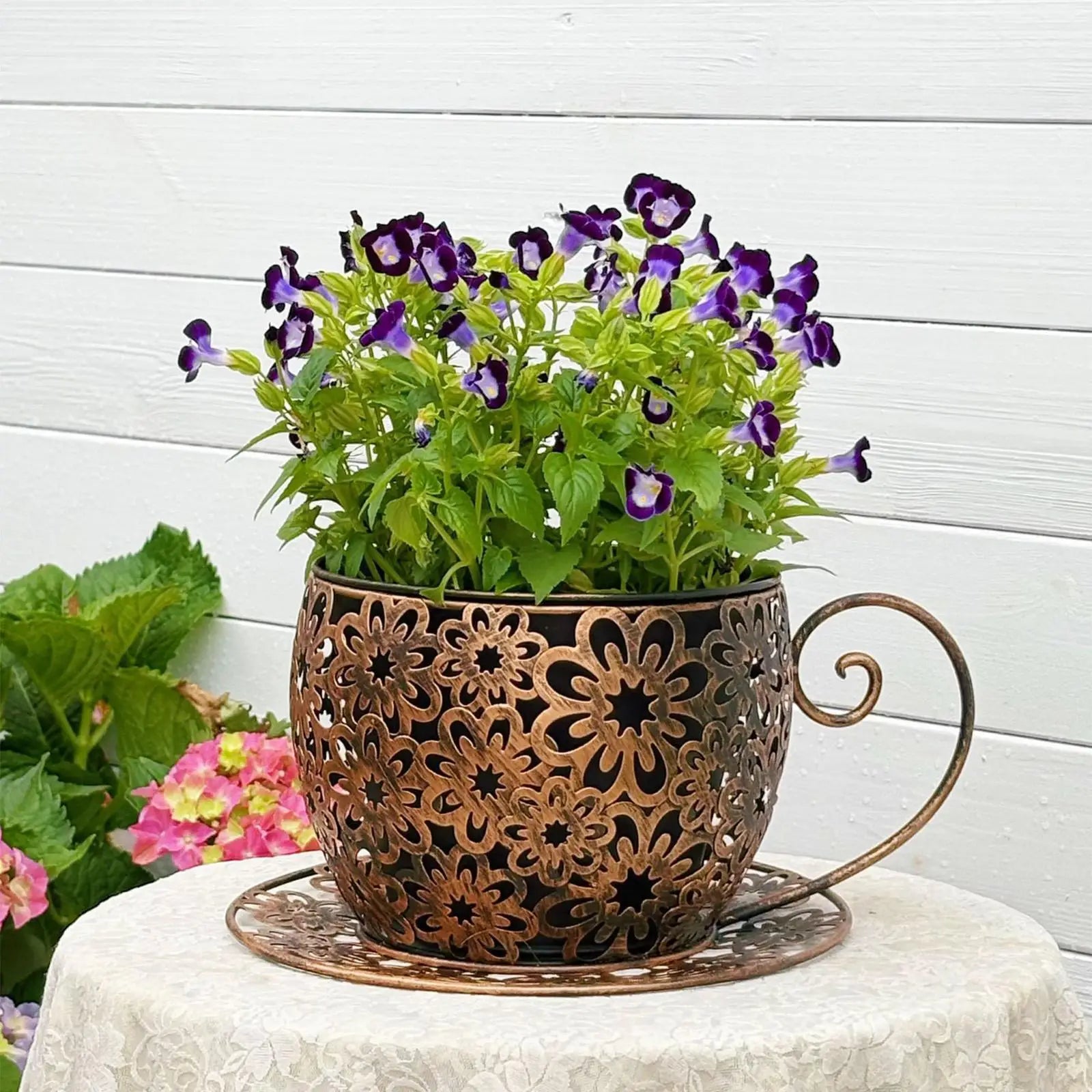 Funny Planter Iron Retro Hollow Teacup Yard Decor Large Garden Pots