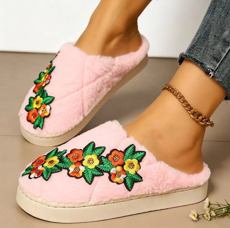 Cotton Slippers Women Flowers Slides Female Thick Bottom Soft Winter