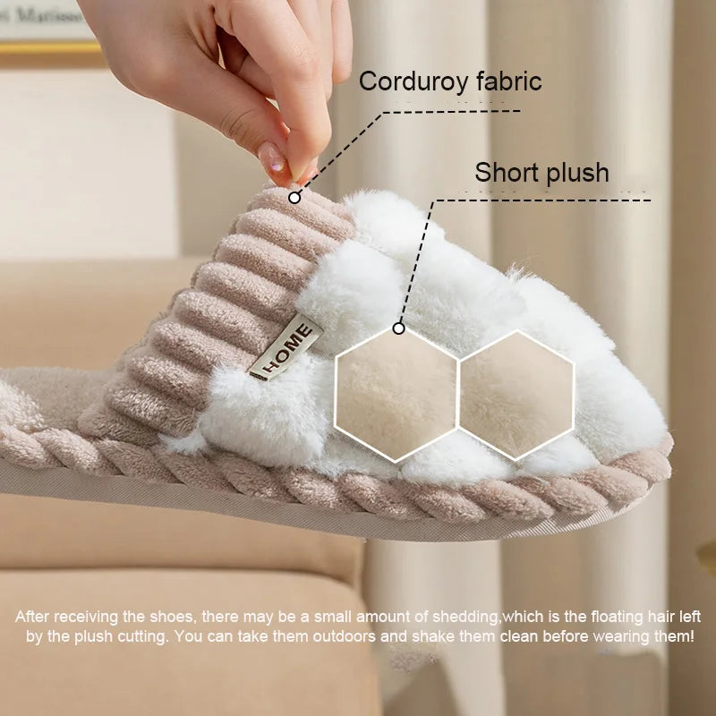 Fashion Couple Winter Toe Wrap Warm Plaid Cotton Slippers Thick Soft