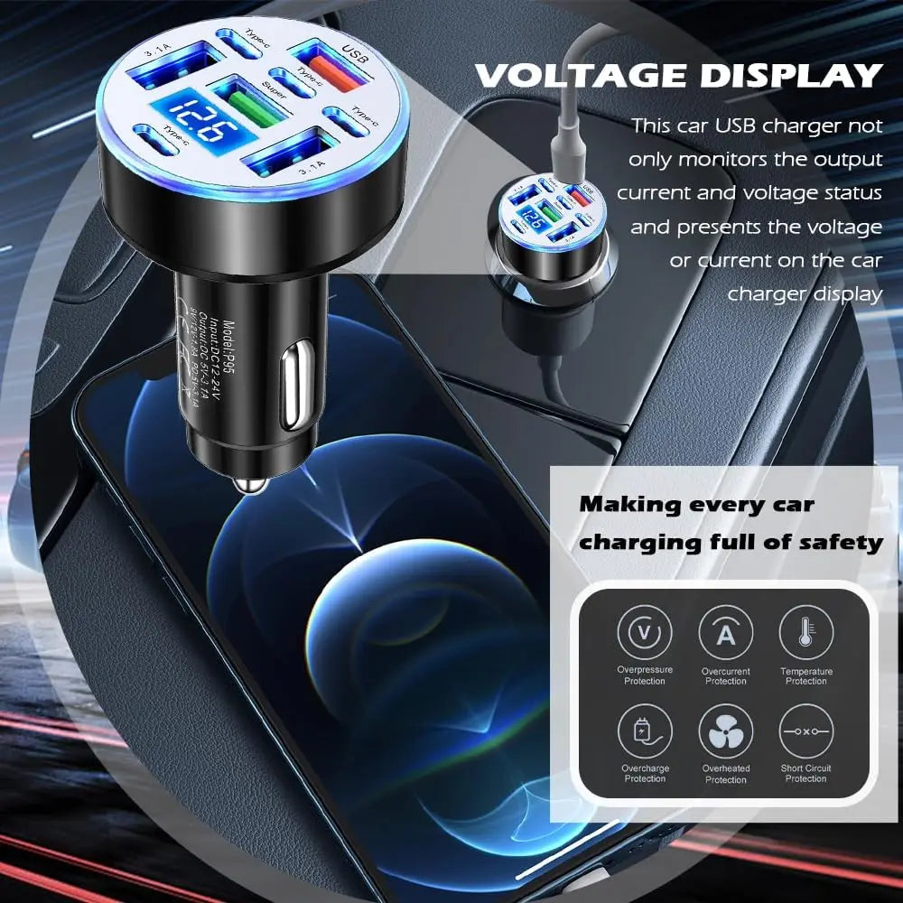 UYUXIO Multi Port USB C Car Charger Adapter 1 Voltage Display Iight