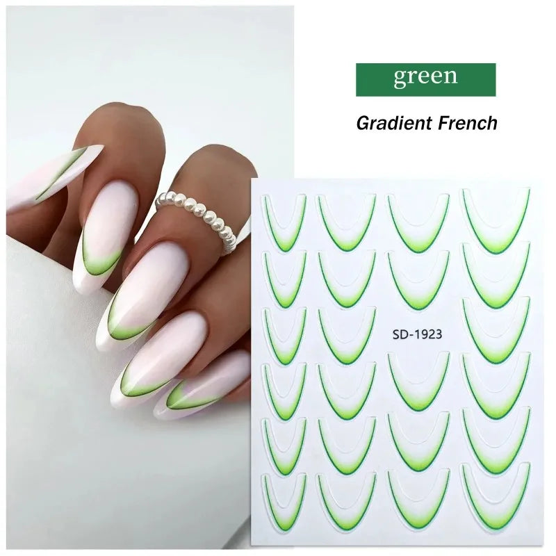 French Gradient Line Nail Art Stickers 3D Self-Adhesive White+Black Slider Design Nail Tip Stencil Manicure Guide DIY Nail Decor Zpaxo 01 Geen