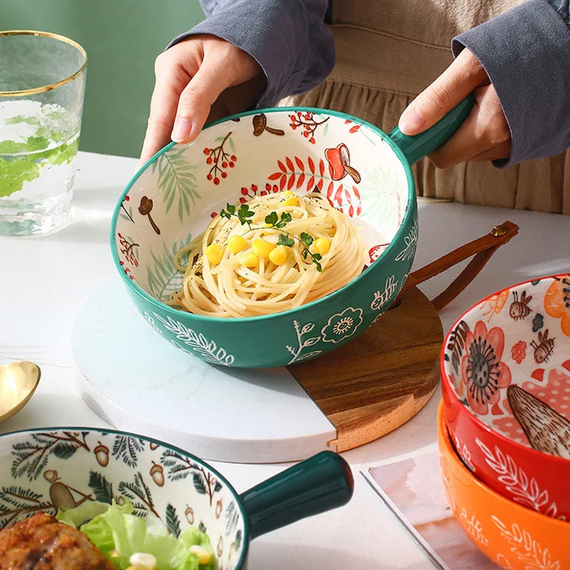 Japanese Cartoon Salad Ceramic Handle Bowl Noodles Bowl Cute Animal Pattern Handle Bowl Breakfast Creative Bureau Rice Bowl Zpaxo