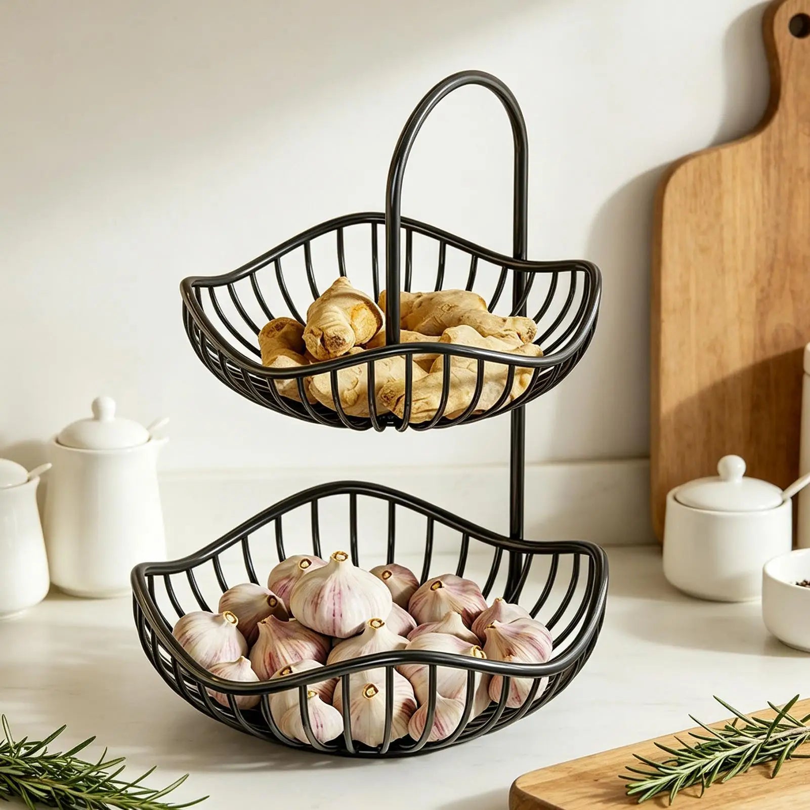 Two Tier Fruit Basket Modern Metal Black Storage Organizer Countertop