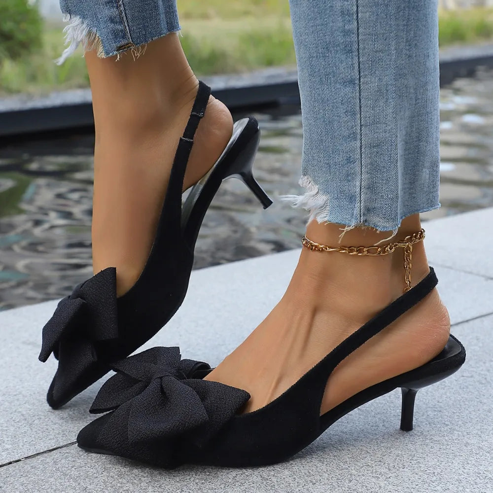 Women Kitten Heels Slingbacks Sandals Leopard Big Bow Leather Pointed