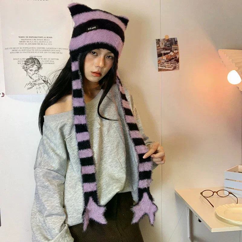 Y2k Subculture Girl Sweet Cool Hat Star Striped Plush Knitted Zpaxo