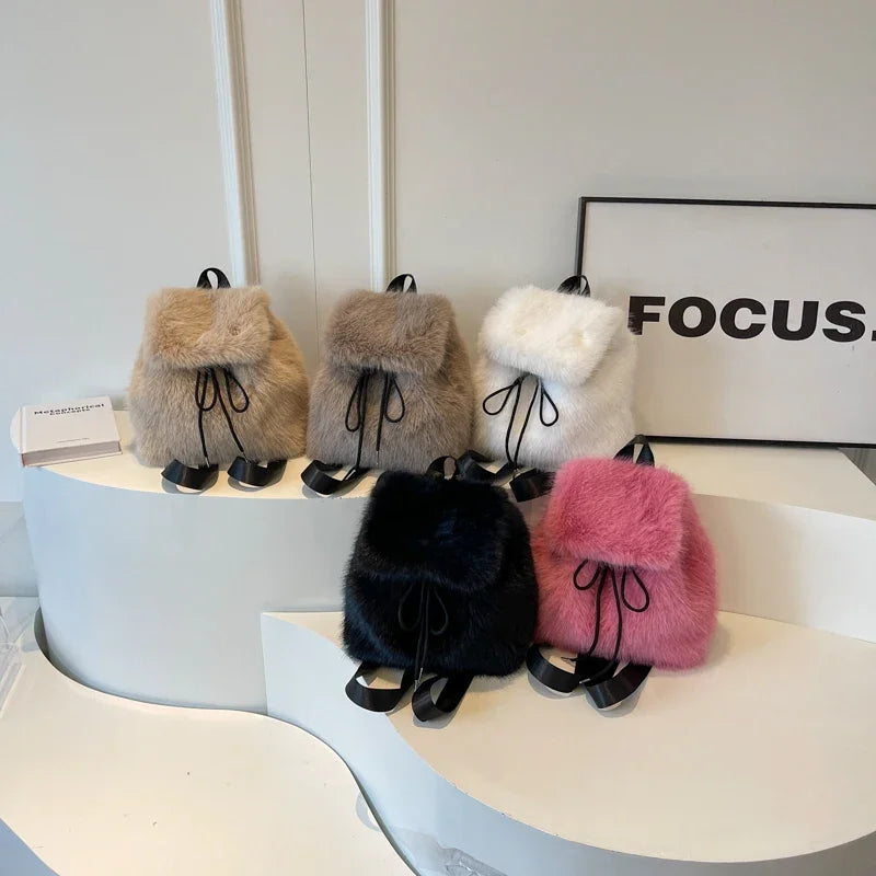 Design Faux Fox Fur Backpack Women Drawstring Flap Magnetic Closure