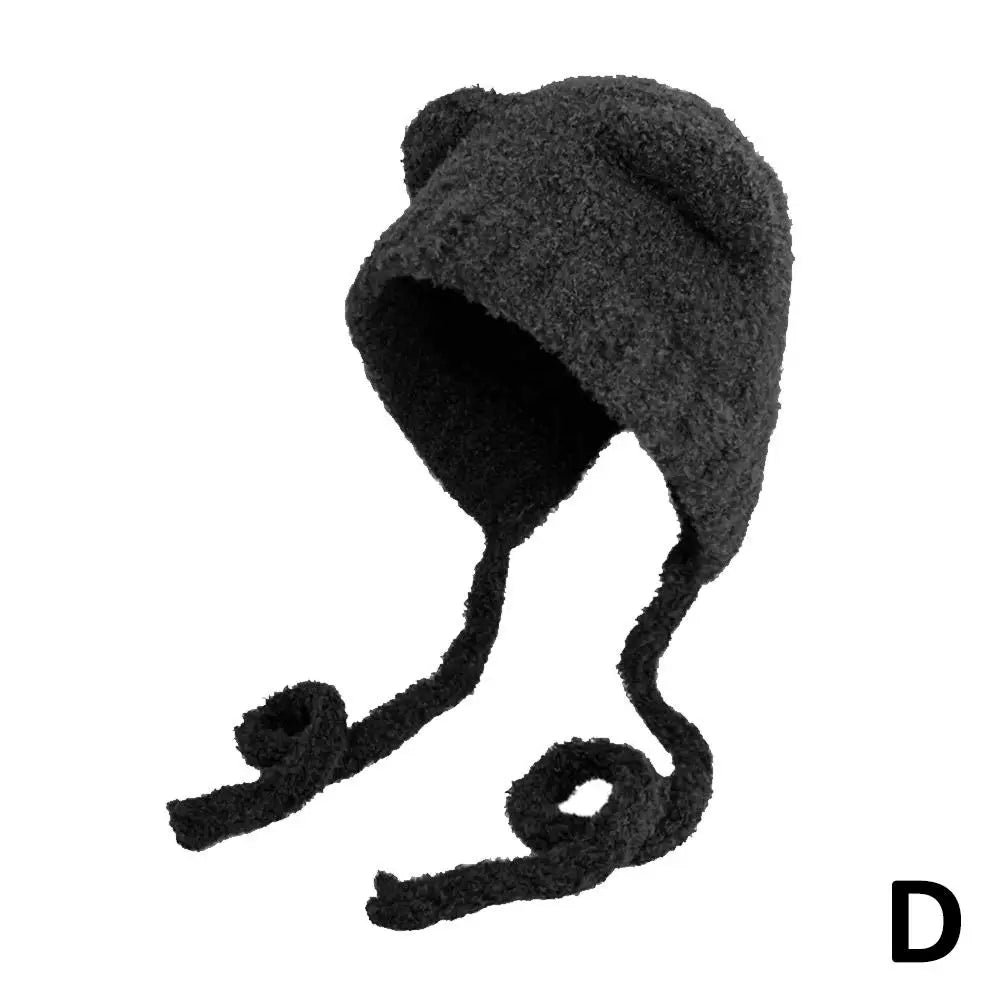 Autumn/Winter Cute Plush Wool Hat with Bear Ear Cold-proof Windproof Knitted Hat Long-lasting Warm for Women Girls Zpaxo D