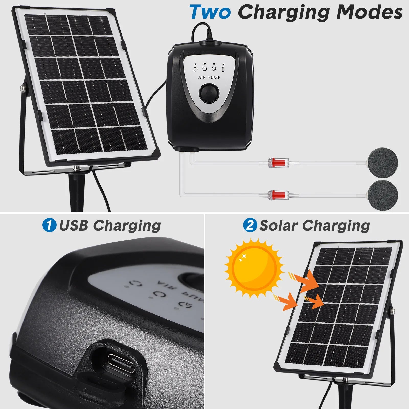 Aquarium Portable Air Pump Pond Aeration System Solar Aerator Powered