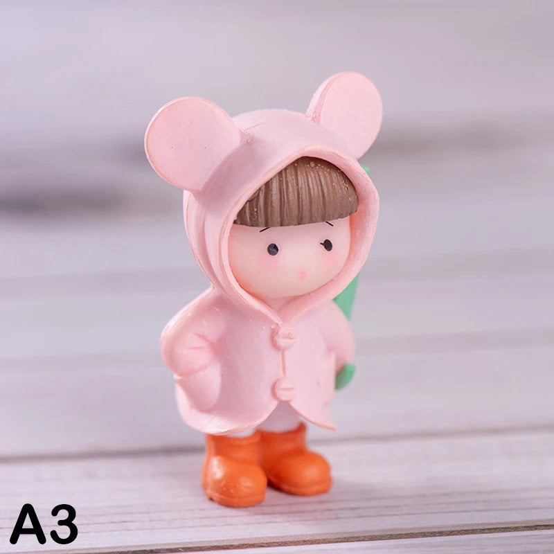 1＆4PC Umbrella Raincoat Girl Boy Figure Decor Pvc Craft Figurine Decor Miniature Fairy Garden Ornament Pendant DIY Accessory Zpaxo A3