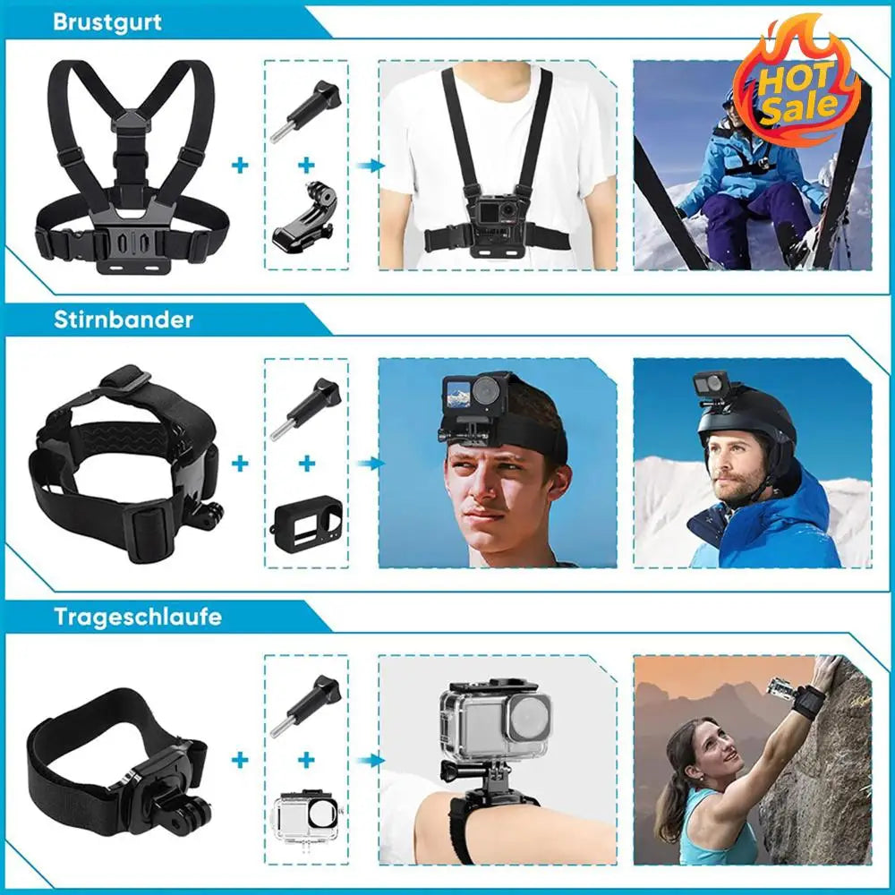 Essential Accessories Kit Compatible for GoPro 13/12/11/10/ 9 Accessories Kit Pack with Head Chest Wrist Strap+Bike Mount Zpaxo