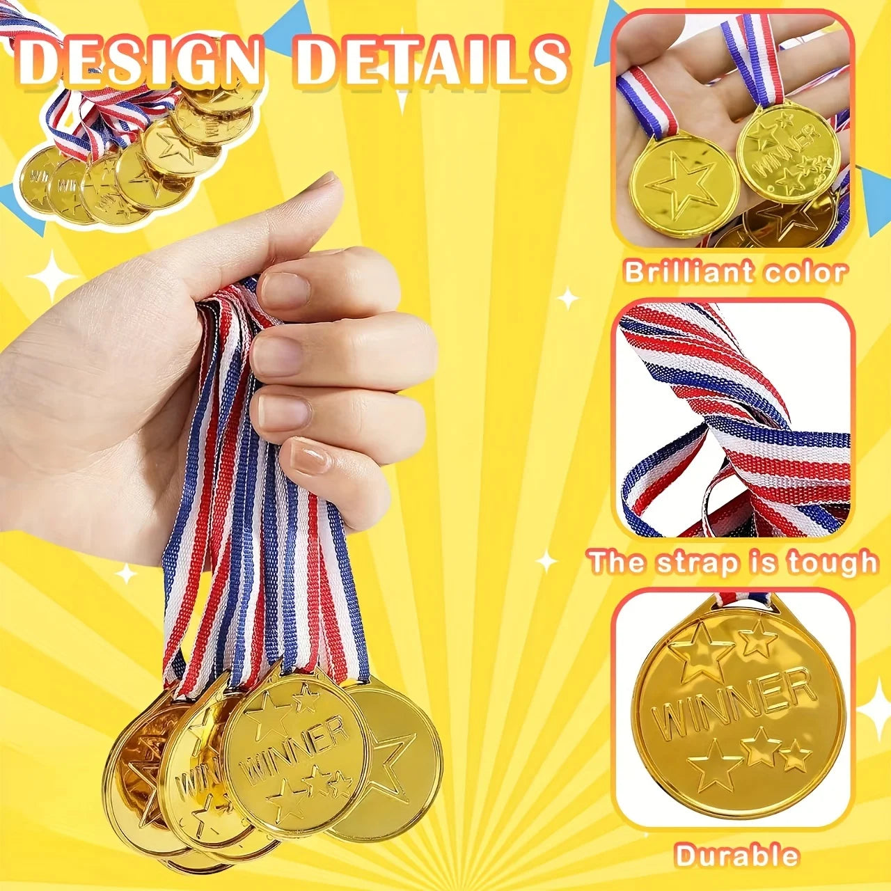 Kids Gold Winner Medals Neck Ribbon Plastic Star Shaped Award Sports