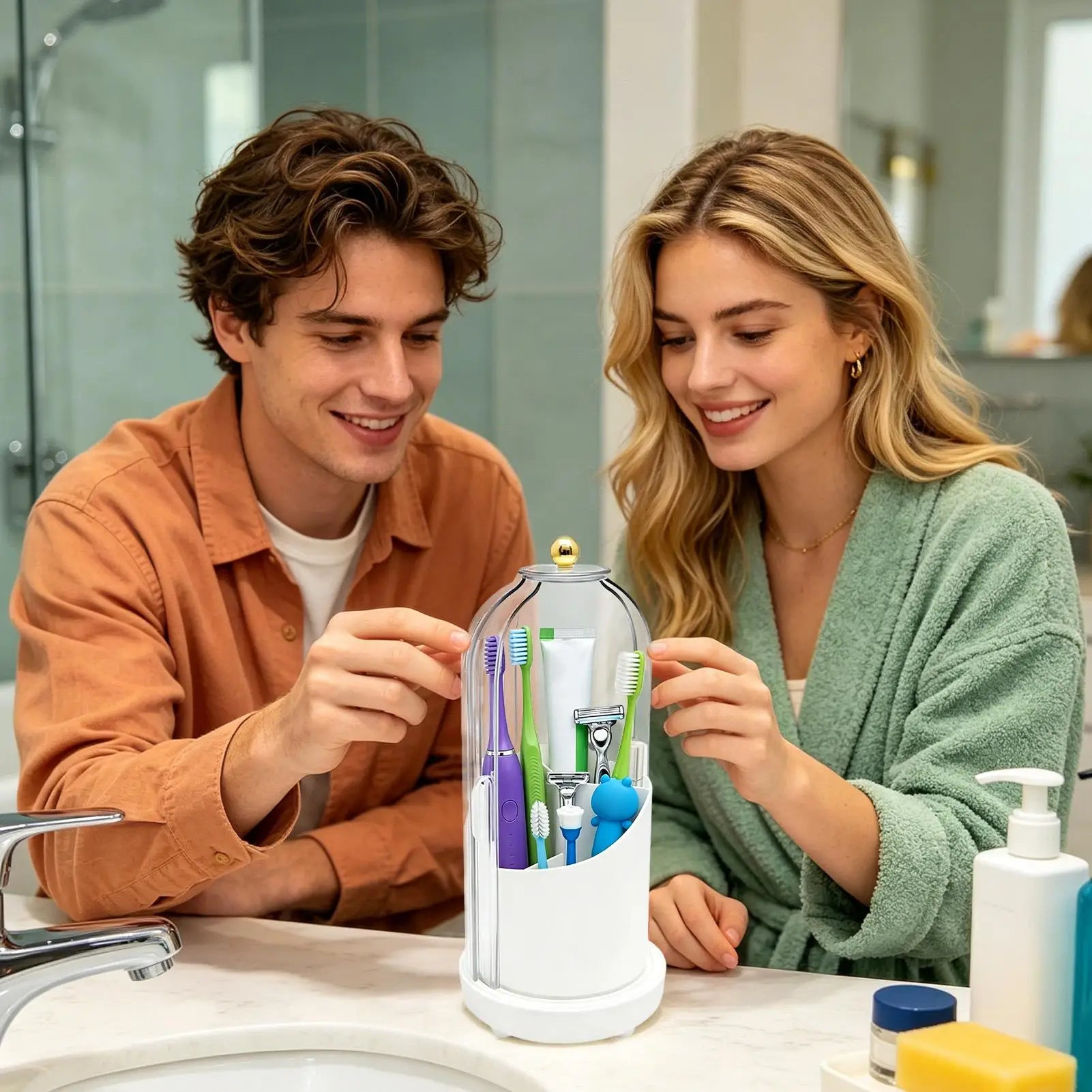 Toothbrush Holder Lid 3-Slot Rotating Waterproof Stand Bathroom