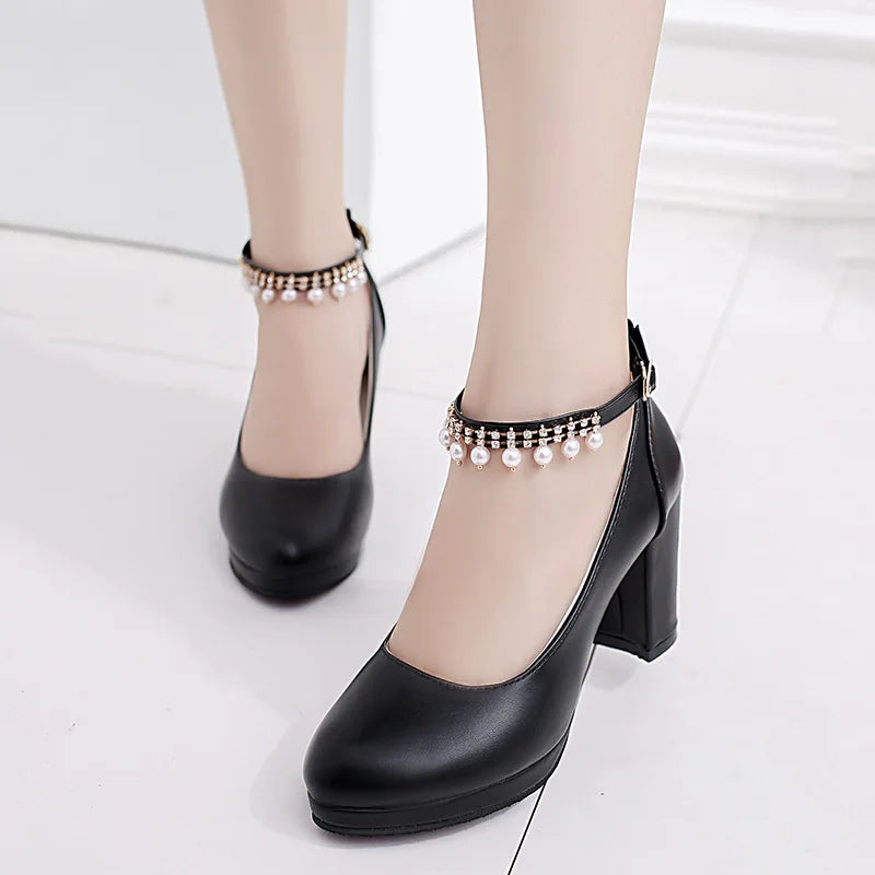 Women's Wedding Shoes String Bead Ankle Strap Elegant Middle Heel Zpaxo