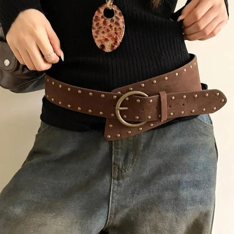 Retro Suede Rivet Belt Punk Gothic Western Cowgirl Wide Cummerbunds Zpaxo