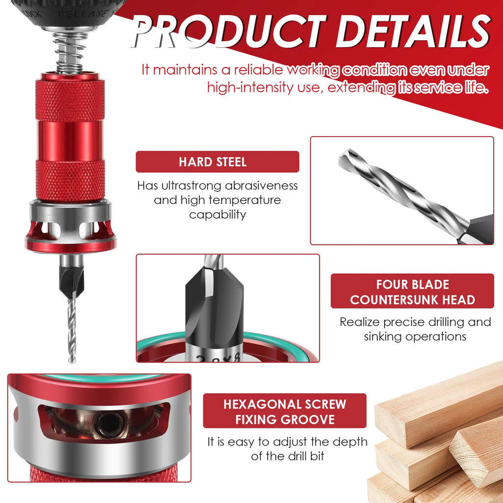 Premium Countersink Drill Set w/ Tool-Free Dial & Aluminum Alloy Stop Collar 2-Flute Steel Depth Adjustment for Woodworking, Fur Zpaxo