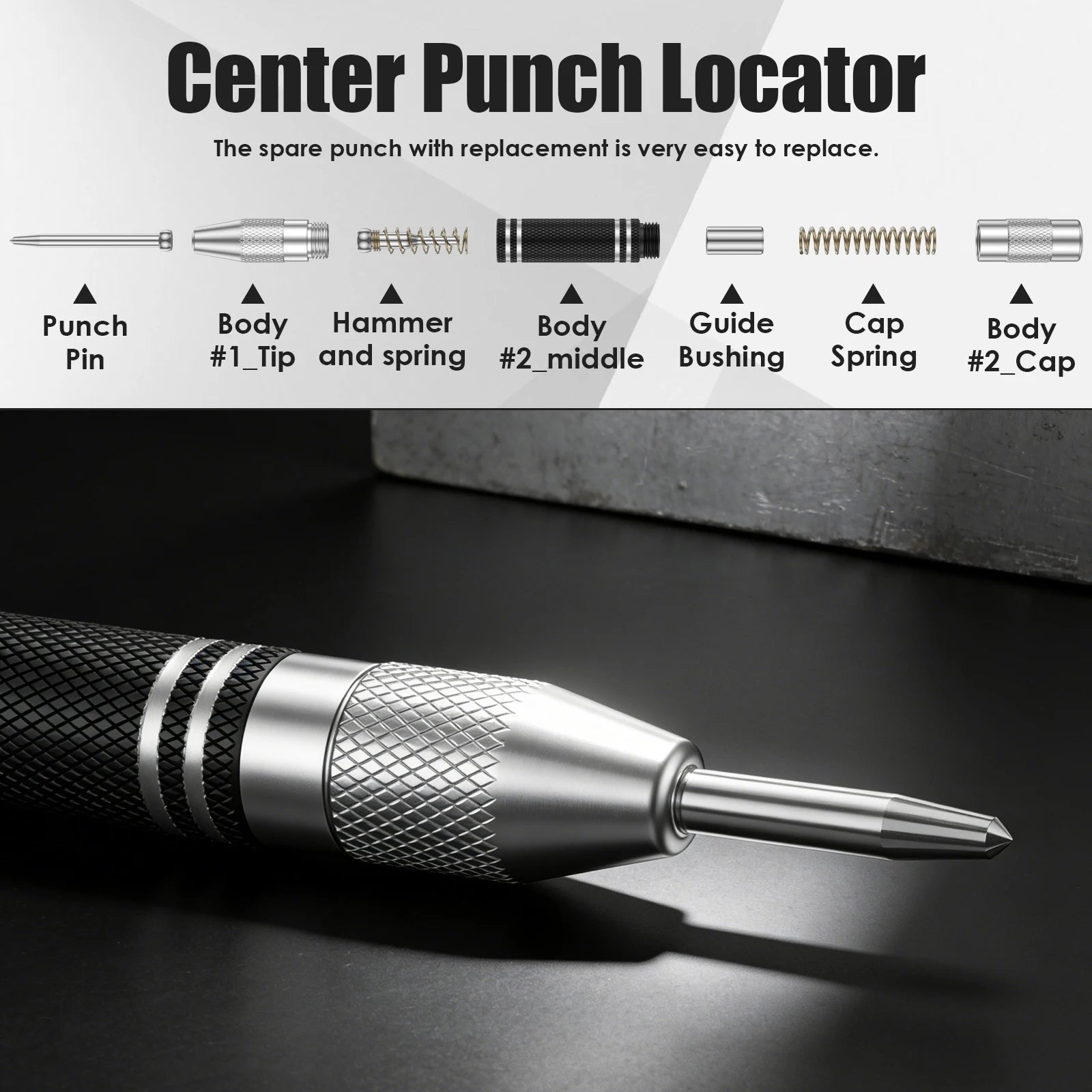 Automatic Center Punch 5 inch Steel Spring Loaded Center Hole Punch with Adjustable Tension Punch Tool for Metal Wood Glass Plas Zpaxo