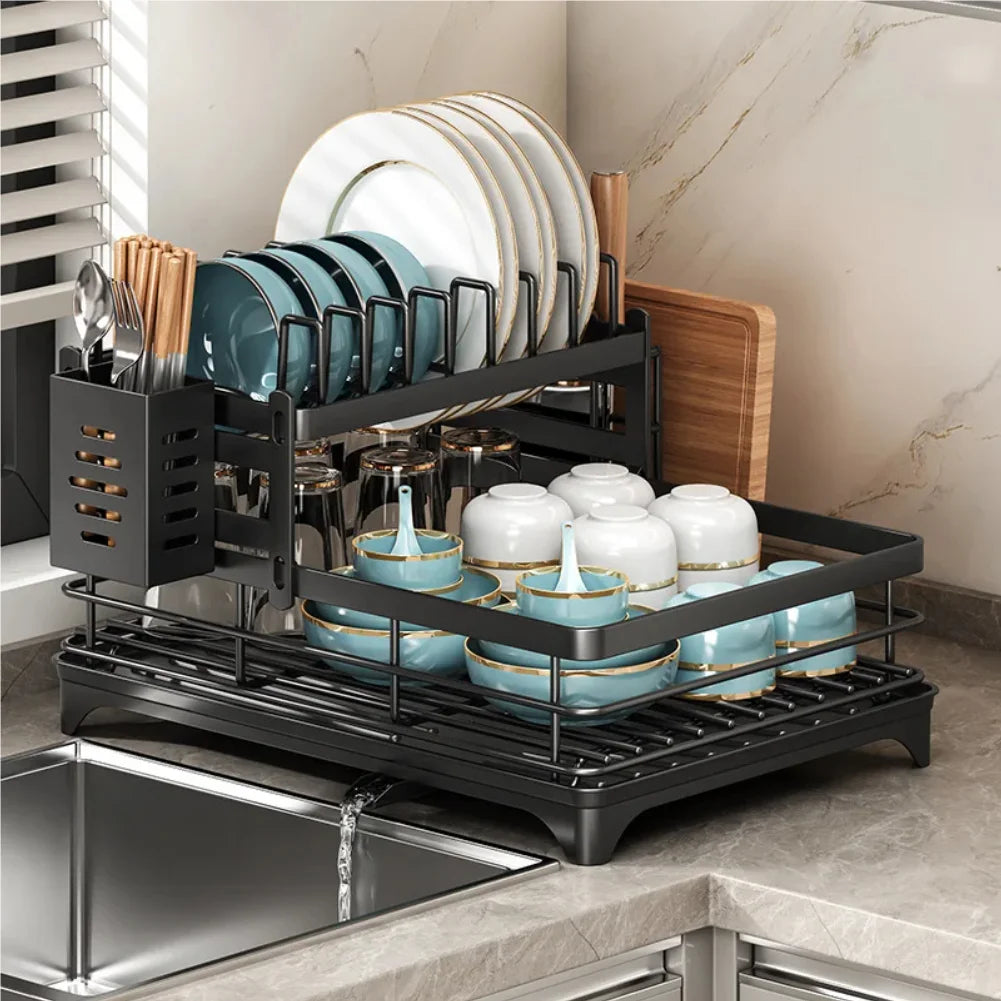 Stainless Steel Dish Drying Rack Adjustable Kitchen Plates Organizer with Drainboard Over Sink Plate Drainer Storage Organizer Zpaxo