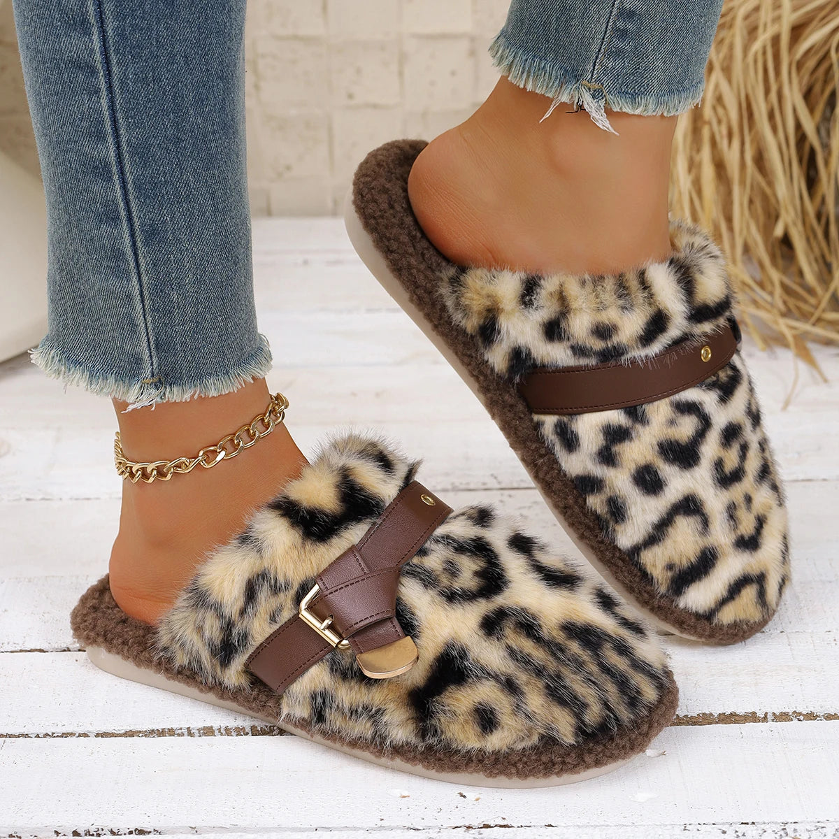 Women Thick Bottom Fur Slippers New Popular Head Cover Cotton Shoes Autumn Winter Outdoor Slippers Leopard Pattern Slides Women Zpaxo Beige 42-43
