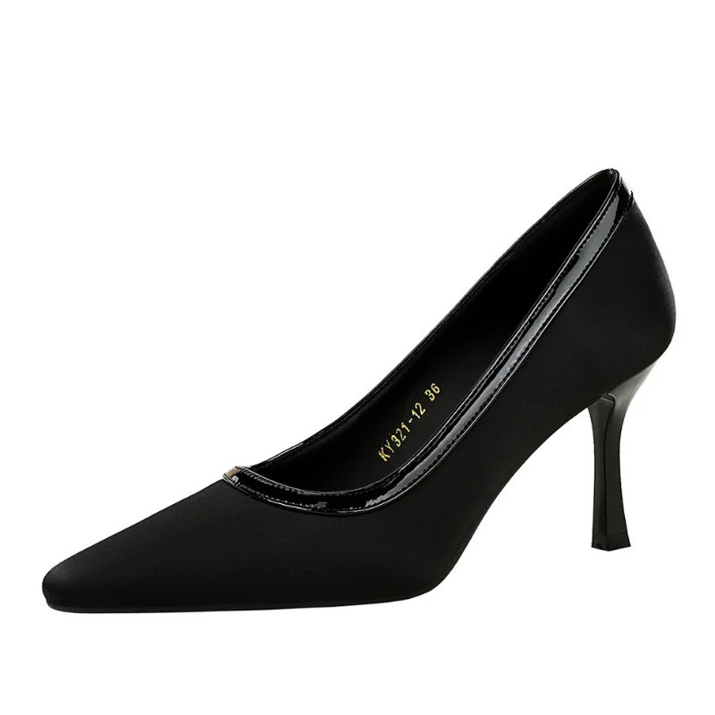 Womens Black Satin Pointed Toe Heel Pumps Patent Trim Elegant Zpaxo