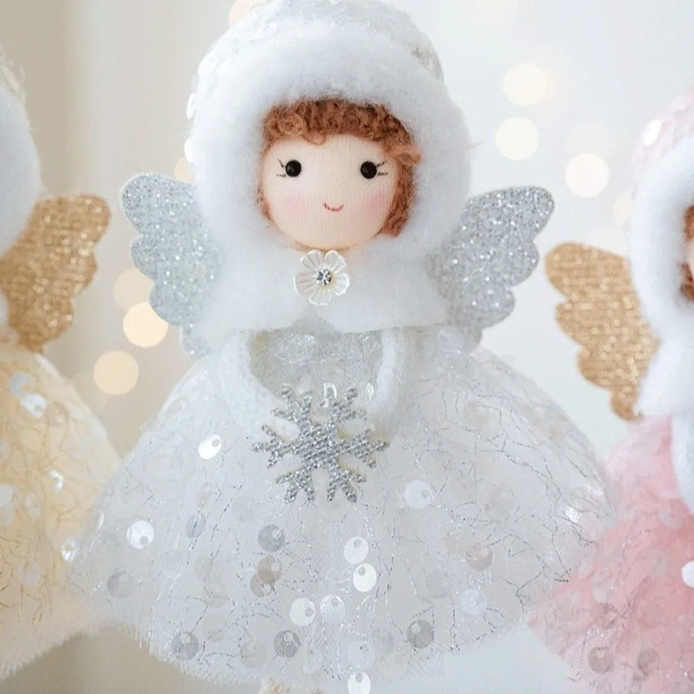 Cute Christmas Girl Pendant Plush White Mesh Girl Hanging Ornament Shiny Golden Wings Tulle Dress Christmas Tree Decorations Zpaxo