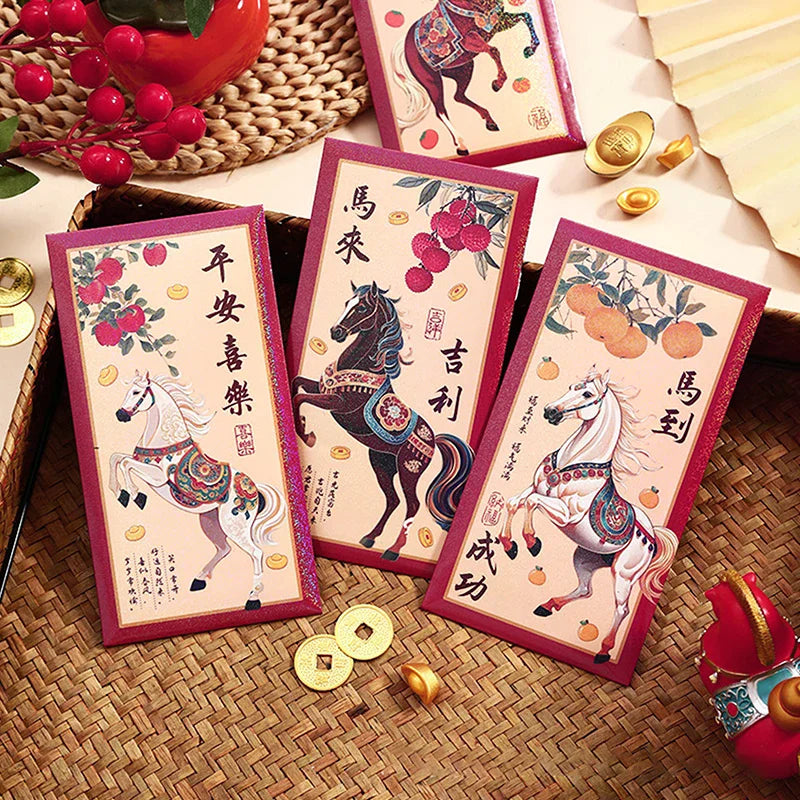 6PCS 2026 Year Of The Horse Red Envelopes Chinese New Year Red Packet Lucky Money Bag Gift Envelopes Red Packet Zpaxo