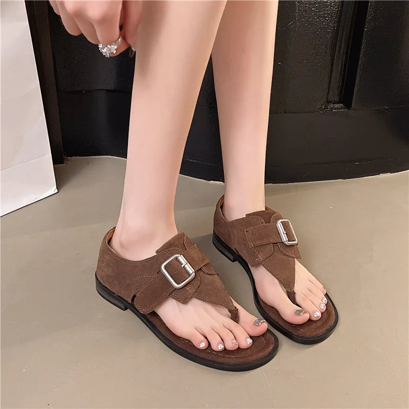 Fashionable Versatile Square Head Metal Buckle Flat Heel Roman