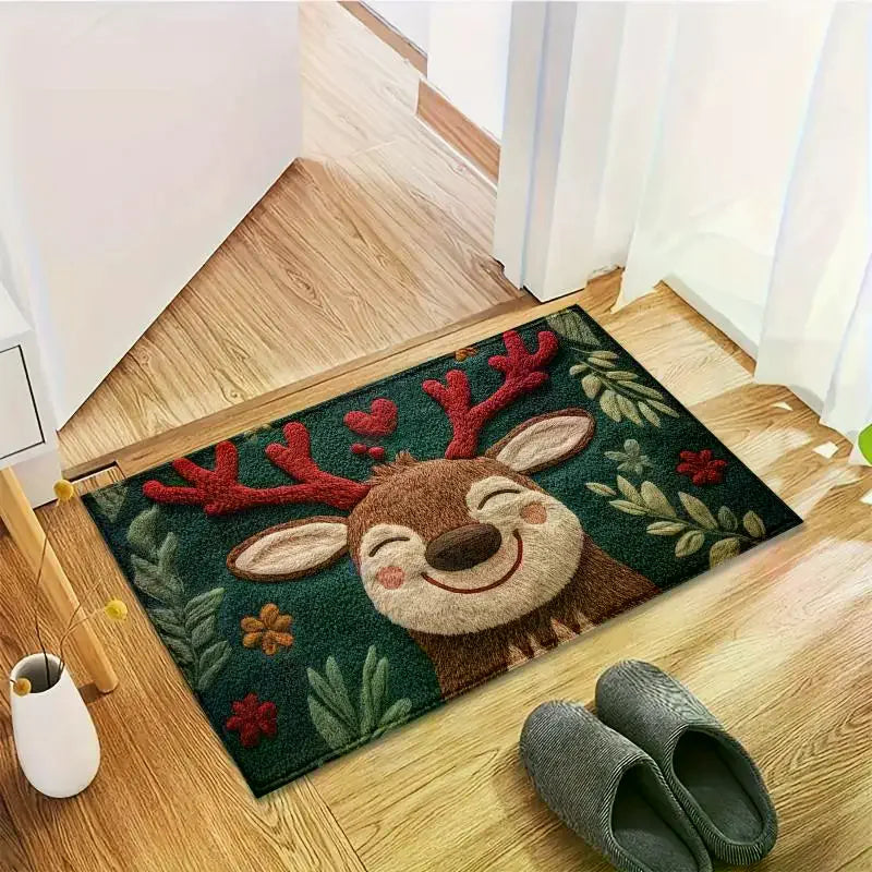 Christmas Deer Fluffy Microfiber Bath Mat - Quick-Dry & Absorbent Festive Holiday Design With Red Berries & Green Leaves Zpaxo