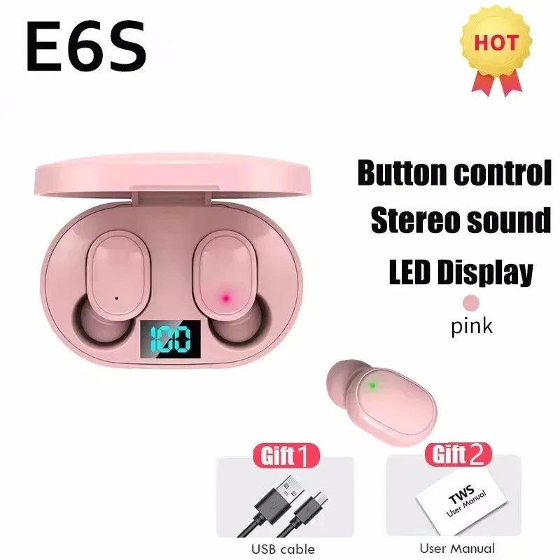 E6S TWS Wireless Headphones Bluetooth Earphones Headset Waterproof Zpaxo Pink