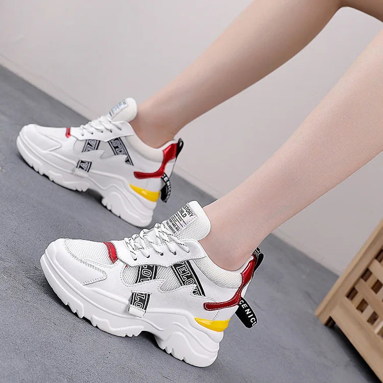 White Hidden Wedge Chunky Sneakers Women Block Mesh Upper Lace Up Zpaxo