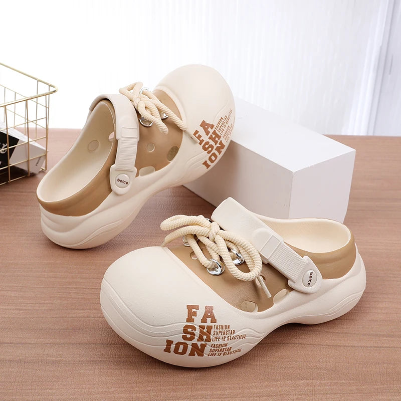Women's Outdoor Chunky Platform Sandals Non-slip Clogs Slides Flat Zpaxo Beige 37-38