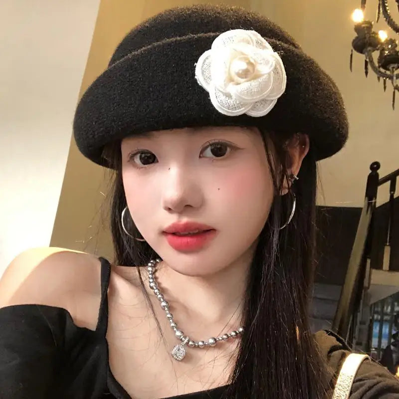 Vintage Chic Ruffled Camellia Heiress Winter Cap Women French-style Zpaxo