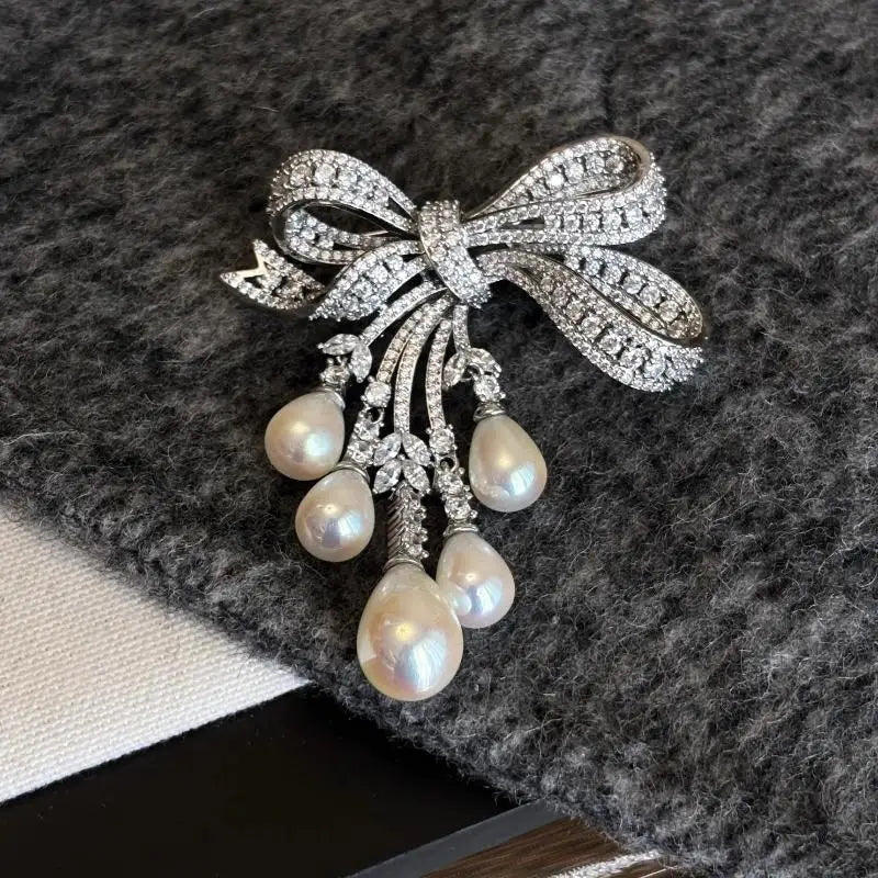 Handmade Luxury Zircon Pearl Bowknot Tassel Pin Stunning Brooch Zpaxo