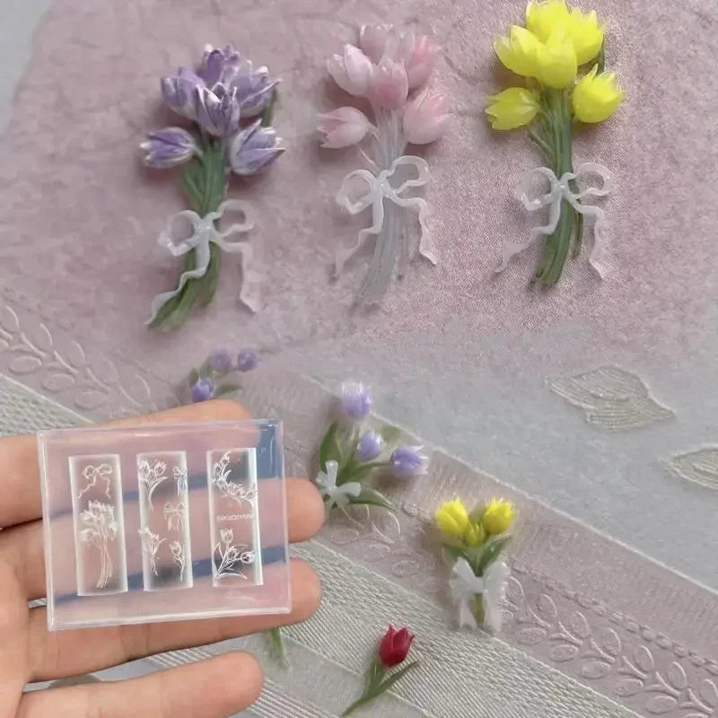 3D Silicone Nail Mold Sweet Flower Tulip Bouquet Transparent Nails Mold DIY Nail Art Decor Manicure Template For Nail Charms Zpaxo