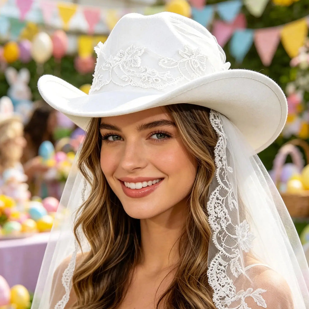 Bride Cowgirl Hat Veil Bachelorette Party White Headwear Cowboy
