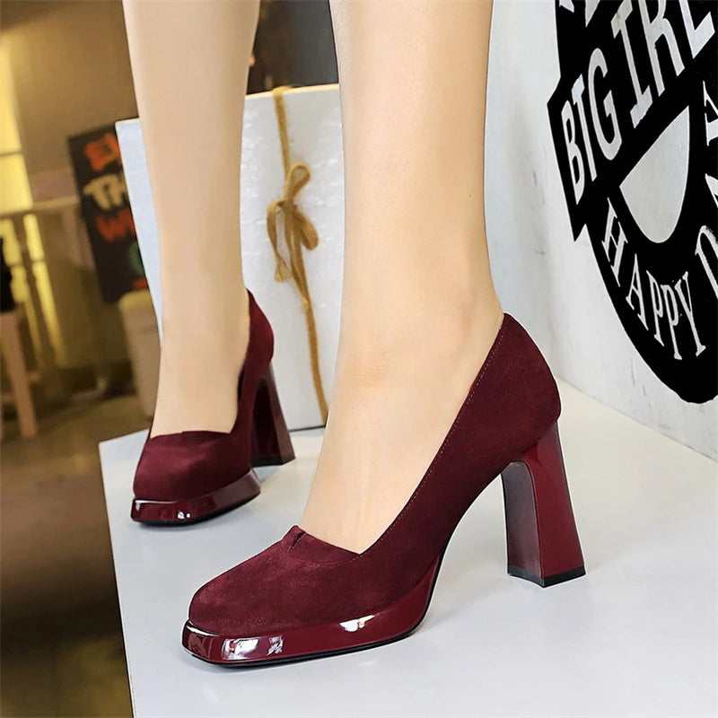 Retro Senior Sense Square Head Suede Women's Shoes Waterproof Zpaxo