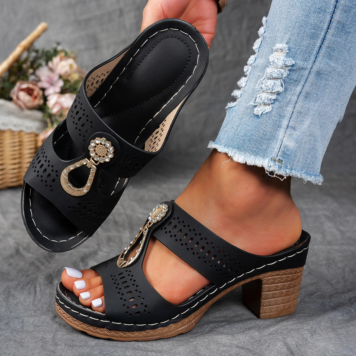 Women Sandals Peep Toe Heels Sandals Trend Summer Shoes Woman Lightweight Heeled Slippers Summer Footwear Luxury Platform Shoes Zpaxo black 43