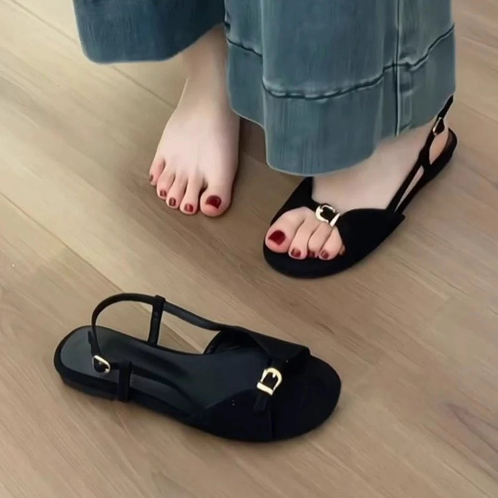 Women's Fashion Sandals Summer Round Head Soft Frosted Open Toe Zpaxo black 39