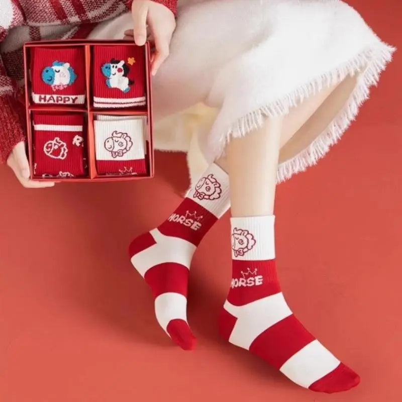 Cute Cartoon Zodiac Year Horse Autumn Winter Warm Mid-tube Socks Red Zpaxo