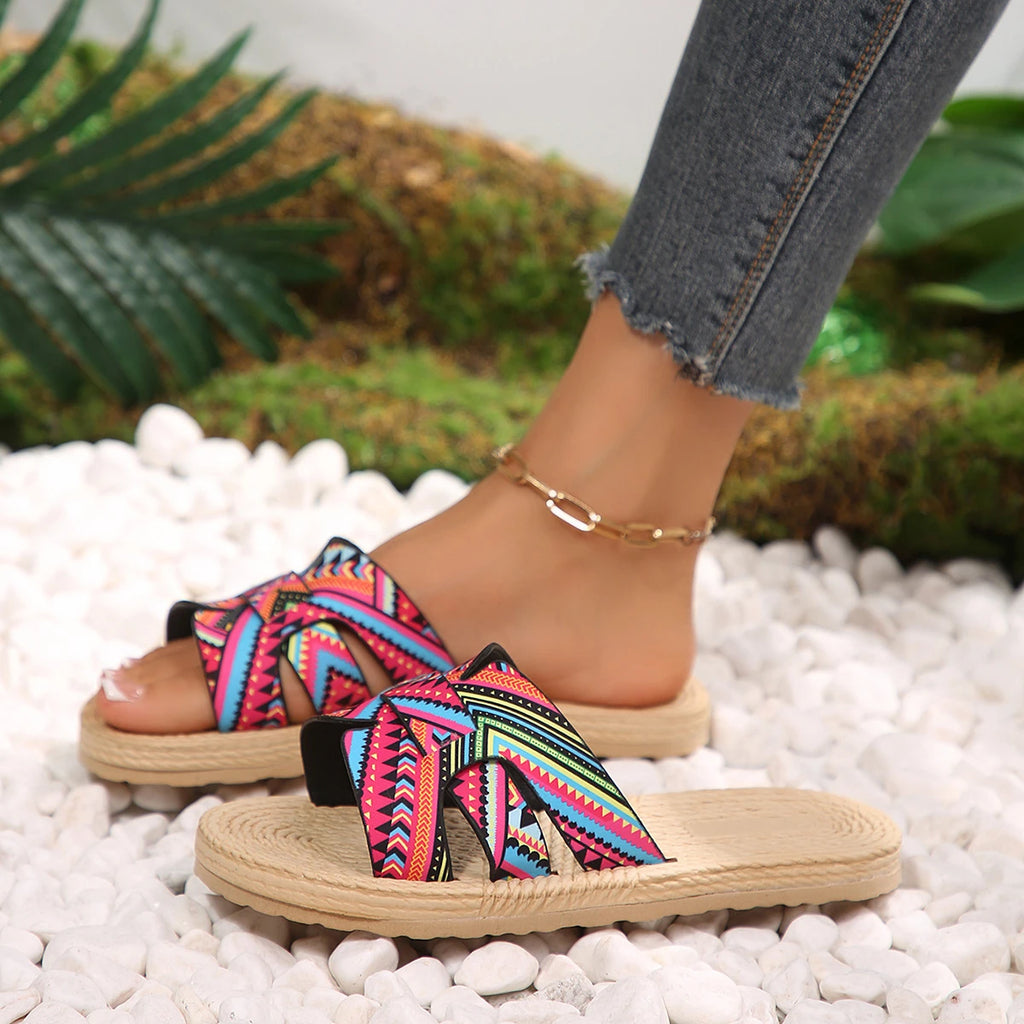 Women Slippers Open Toe Slip on Colorful Beach Shoes Fashion Summer Sandals Ethnic Lightweight Slippers Designer Slides Women Zpaxo