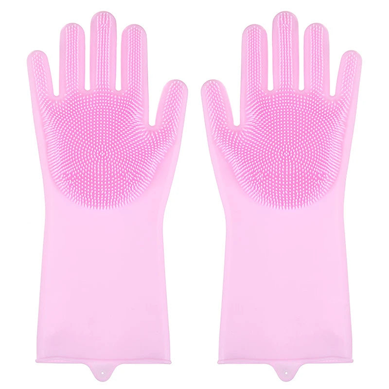 1Pair Silicone Dishwashing Gloves Bathing Gloves Dishwashing Cleaning Gloves Suitable For Household Sponge Brush Cleaning Tools Zpaxo Pink