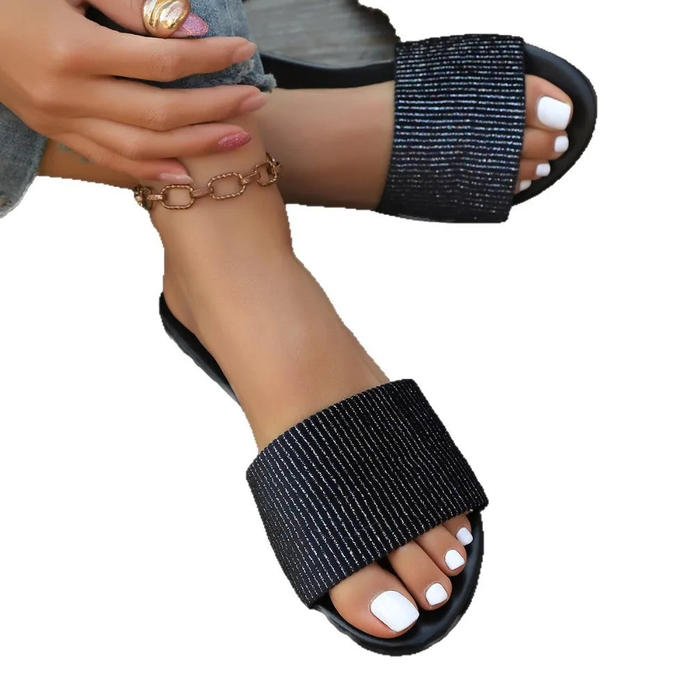 Denim Women Slippers Peep Toe Flat Sandals Casual Slides Lightweight