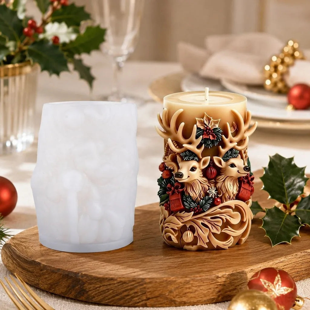 3D Double Deer Silicone Candle Mold – Christmas Cylindrical