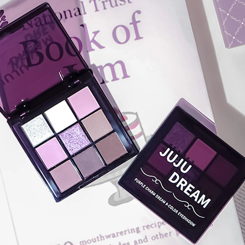 Eyeshadow palette, nine shades of smoky, matte, pearlescent, fine dark purple glitter, affordable makeup Zpaxo