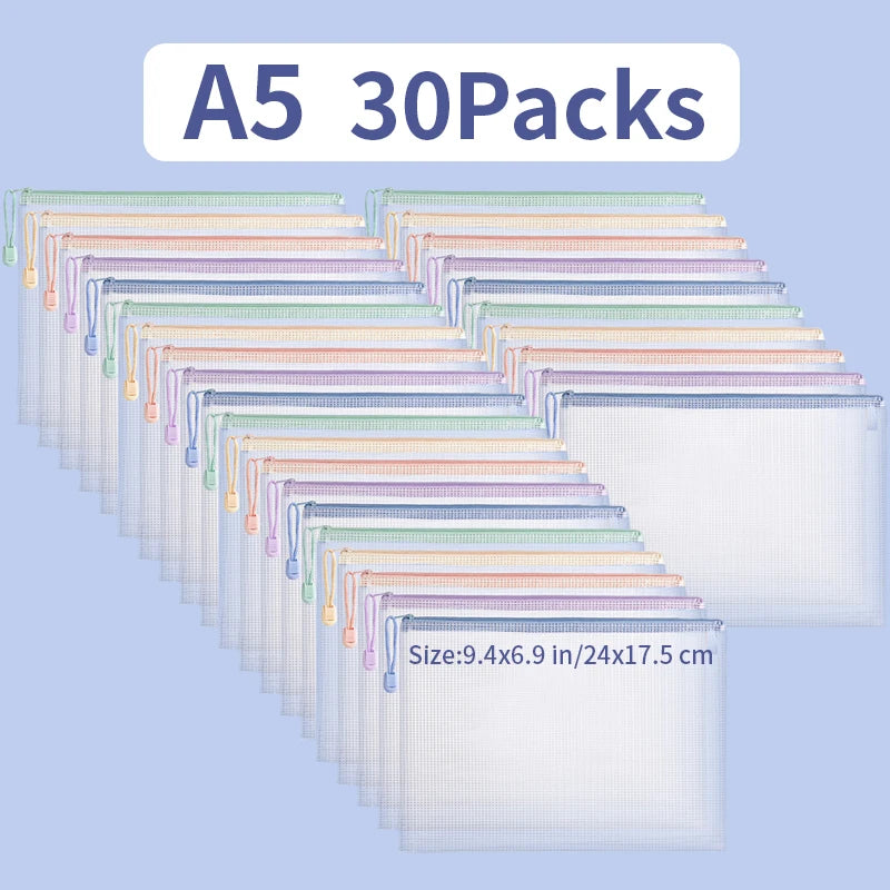 5- Mesh Zipper Pouch Document Bag Waterproof Zip File Folders A4 A5 Zpaxo A5 30pcs