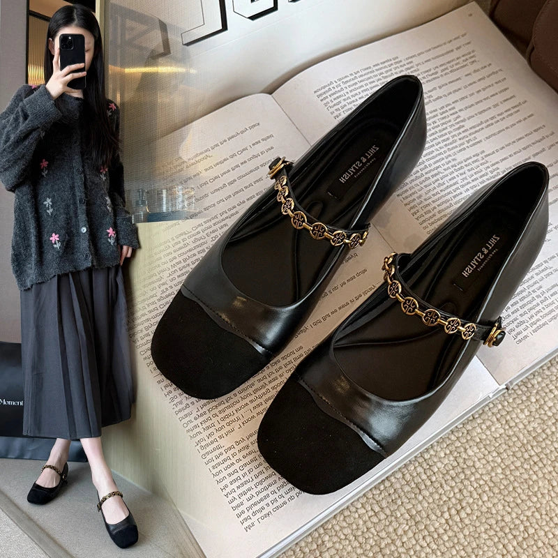 Womens Black Brown Two Tone Square Toe Mary Jane Flats Gold Chain Zpaxo