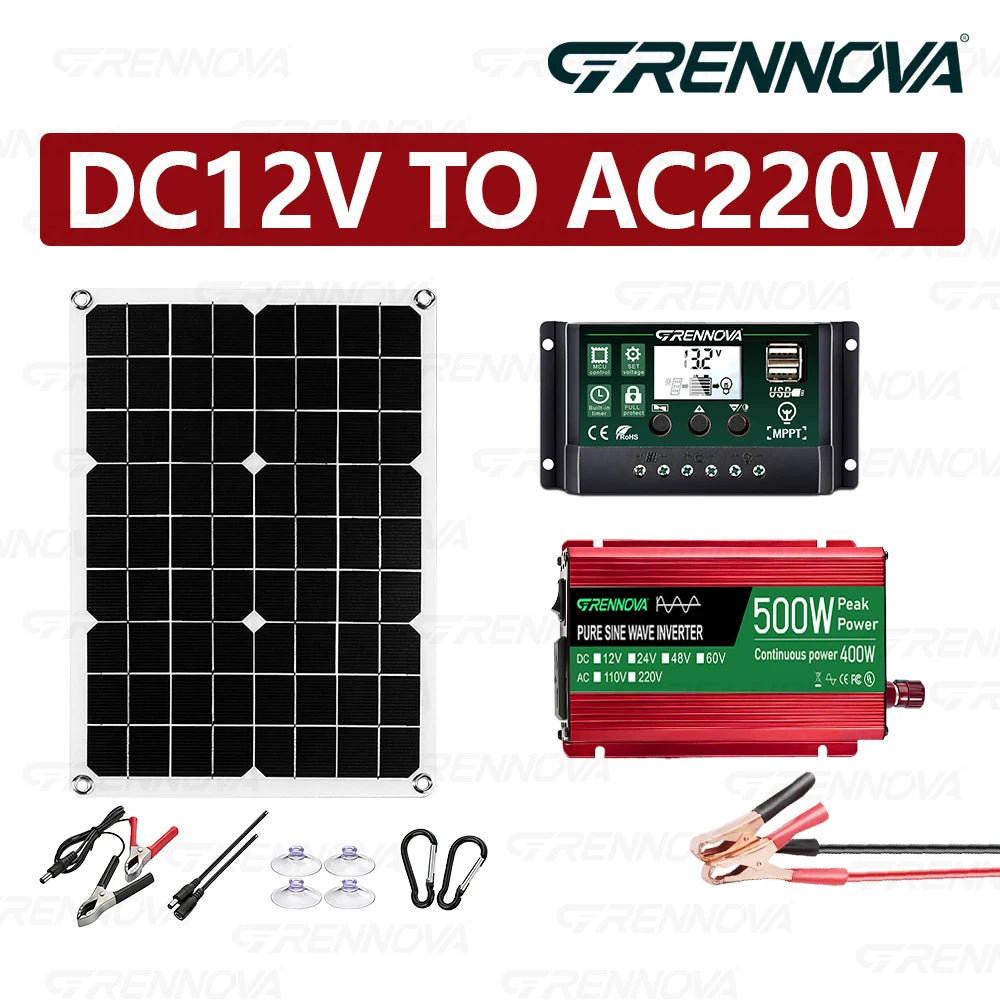 Grennova 500W Reliable Pure Sine Solar System 40W Panel 12V To110V/220V Inverter 60A MPPT Controller True Power For RV/Boat/Farm Zpaxo 220V Kit