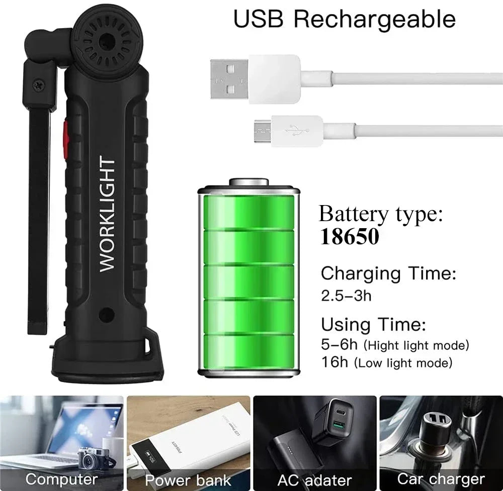 COB LED Work Light – Dimmable USB Rechargeable Magnetic Torch