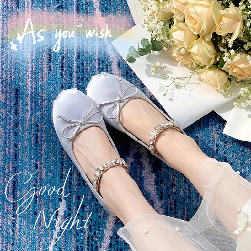 Flats Shoes for Women New Summer Spring Super Soft Diamond Round Toe Silk Ballet Shoes Flat Bottom Mary Jane Shoes Girl Shoes Zpaxo